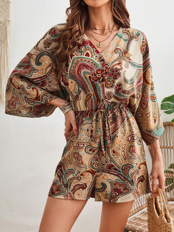 Women's Plant Printed V-Neck Batwing Sleeve Playsuit With Shorts