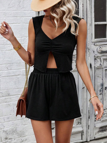 Women's Pleated Sleeveless Top And Shorts Set