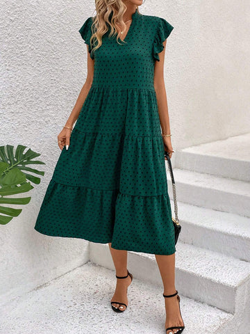 Women's Polka Dot Notch V-Neck Flying Sleeve Dress