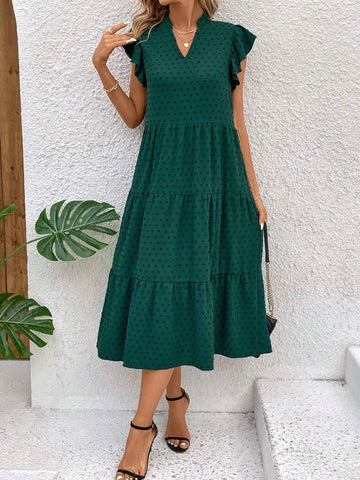 Women's Polka Dot Notch V-Neck Flying Sleeve Dress