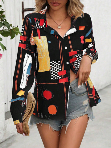 LUNE Women's Polka Dot Print Long Sleeve Single-Breasted Casual Shirt (Random Print), Autumn