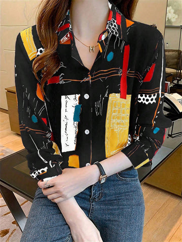 LUNE Women's Polka Dot Print Long Sleeve Single-Breasted Casual Shirt (Random Print), Autumn