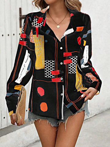 LUNE Women's Polka Dot Print Long Sleeve Single-Breasted Casual Shirt (Random Print), Autumn