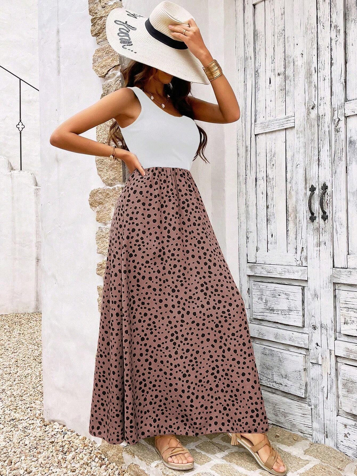 Women's Polka Dot Print Sleeveless Dress With Round Neckline, Summer
