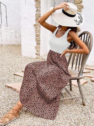Women's Polka Dot Print Sleeveless Dress With Round Neckline, Summer
