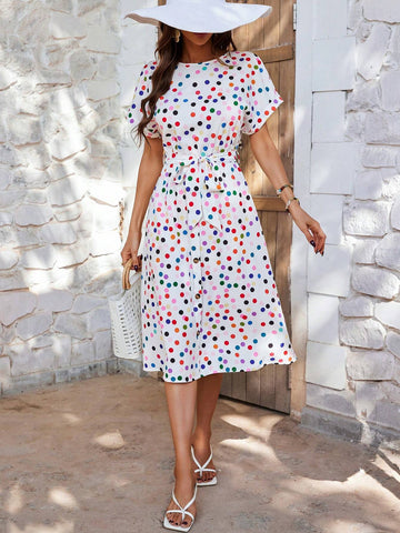 Women's Polka Dot Short Sleeve Round Neck Dress