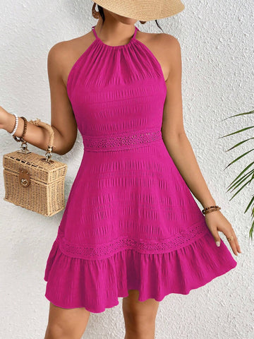 Women's Pure Color Splicing Lace Halter Dress