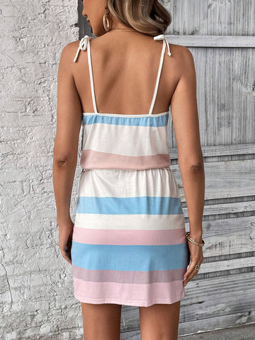 Women's Rainbow Striped Casual Vacation Printed Sundress With Adjustable Shoulder Straps, Drawst
