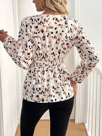 LUNE Women's Random Floral Print Long Sleeve Pleated Blouse