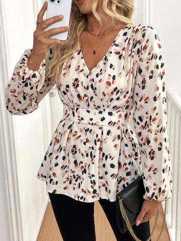 LUNE Women's Random Floral Print Long Sleeve Pleated Blouse