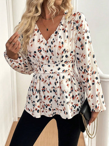 LUNE Women's Random Floral Print Long Sleeve Pleated Blouse