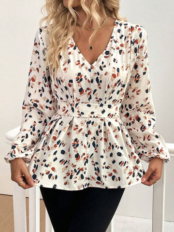 LUNE Women's Random Floral Print Long Sleeve Pleated Blouse