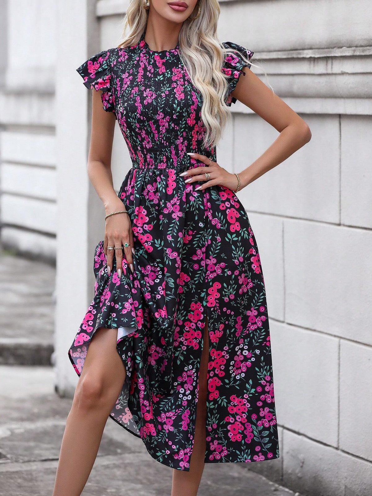 Women's Random Floral Printed Flutter Sleeve Dress