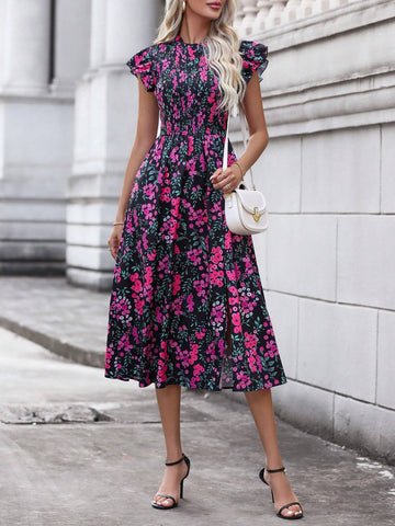 Women's Random Floral Printed Flutter Sleeve Dress