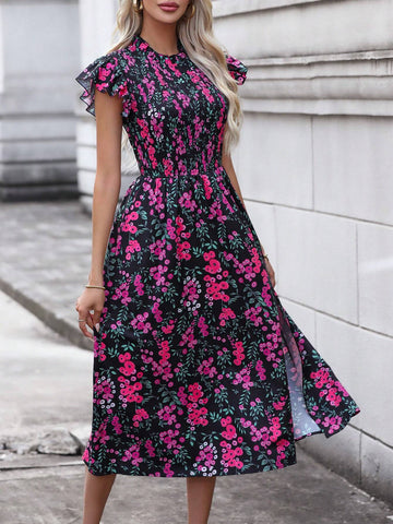 Women's Random Floral Printed Flutter Sleeve Dress
