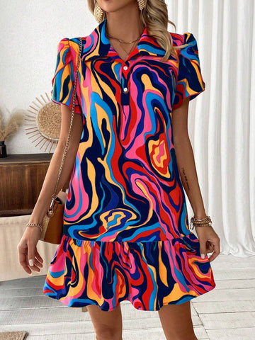 Women's Random Print Summer Ruffle Hem Dress