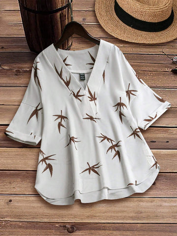 LUNE Women's Random Printed V-Neck Simple Daily Blouse