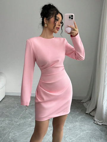 Women's Regular Crew Neck Long Sleeve Apricot Dress