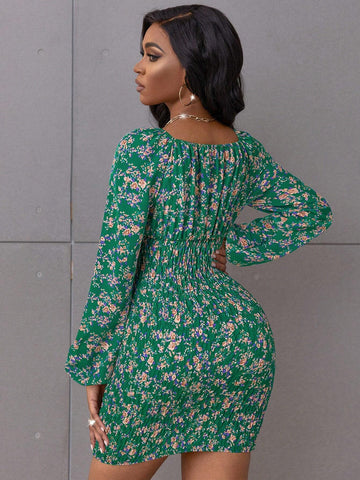 Women's Resort Ditsy Floral Boat Neck Lantern Sleeve Waist Ruched Short Dress (Random Ditsy