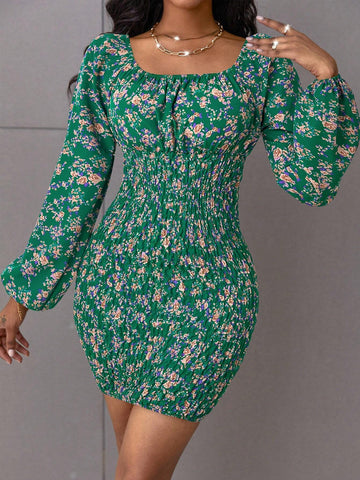 Women's Resort Ditsy Floral Boat Neck Lantern Sleeve Waist Ruched Short Dress (Random Ditsy