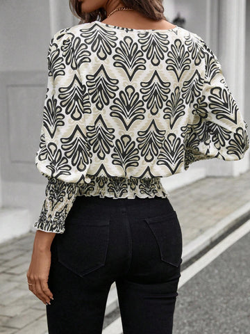 LUNE Women's Retro Pattern Long Sleeve High-Low Hem Shirt With Waist Belt, For Teachers, Autumn/Winter