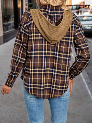 LUNE Women's Retro Plaid Patchwork Suede Loose Hoodie Shirt