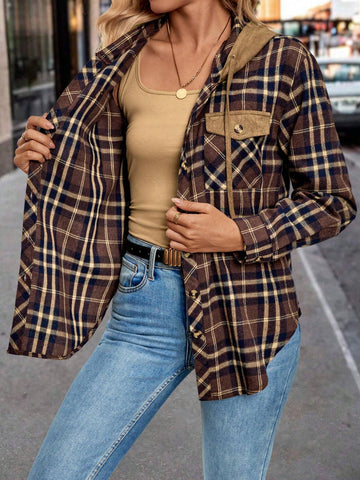LUNE Women's Retro Plaid Patchwork Suede Loose Hoodie Shirt