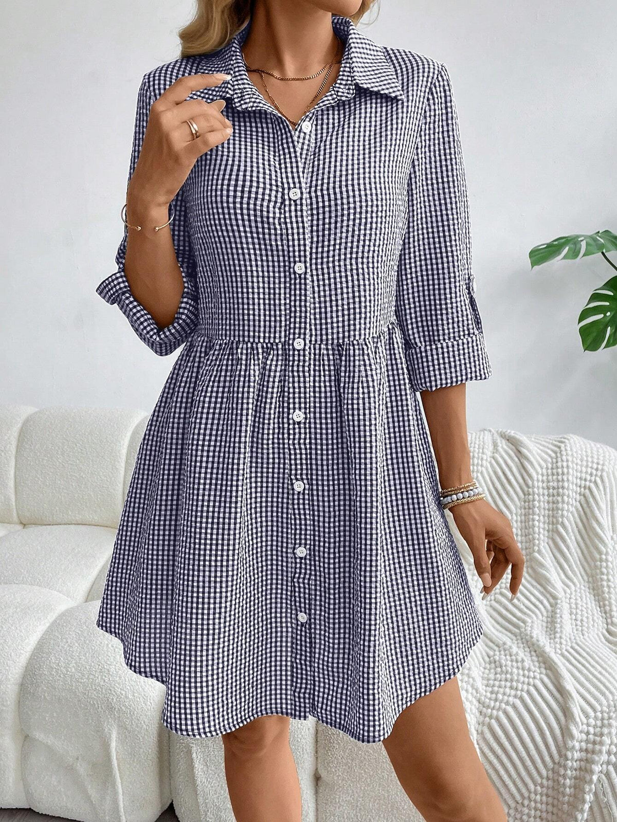 Women's Roll Sleeve Front Button Plaid Print Dress SKU: sz2309260060271108
