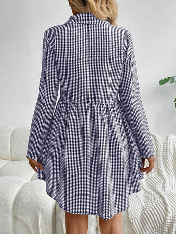 Women's Roll Sleeve Front Button Plaid Print Dress SKU: sz2309260060271108