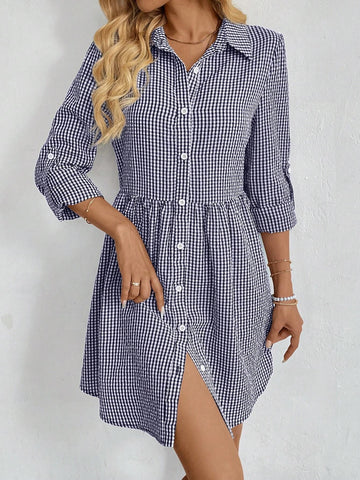 Women's Roll Sleeve Front Button Plaid Print Dress SKU: sz2309260060271108