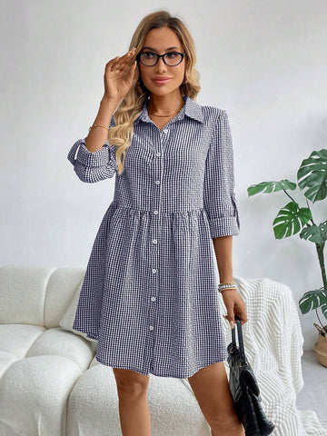 Women's Roll Sleeve Front Button Plaid Print Dress SKU: sz2309260060271108