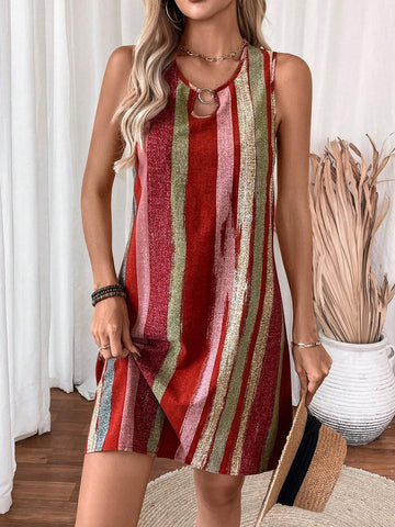 Women's Round Metal Decor A-Line Striped Printed Casual Sleeveless Dress, Summer
