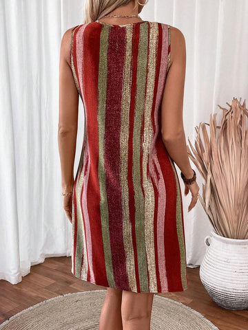Women's Round Metal Decor A-Line Striped Printed Casual Sleeveless Dress, Summer