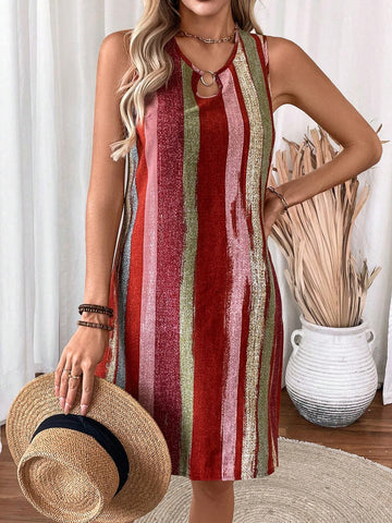 Women's Round Metal Decor A-Line Striped Printed Casual Sleeveless Dress, Summer