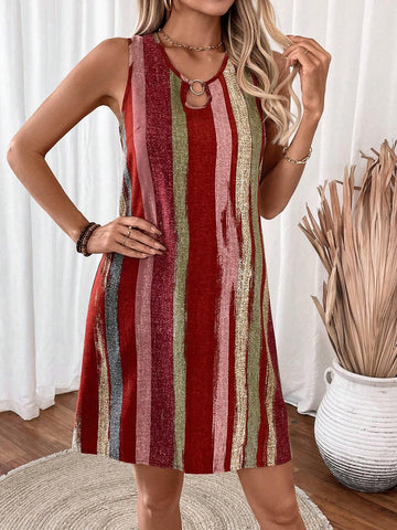 Women's Round Metal Decor A-Line Striped Printed Casual Sleeveless Dress, Summer