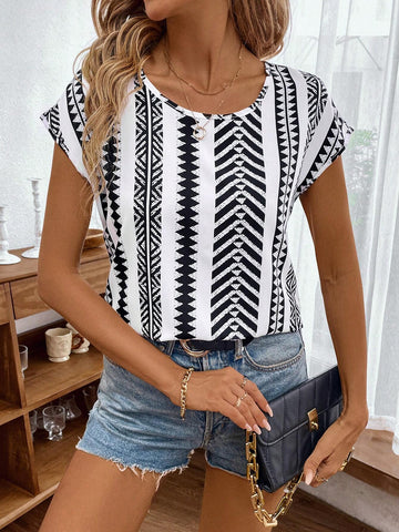 LUNE Women's Round Neck Batwing Sleeve Printed Casual Loose Shirt, Perfect For Summer Vacation