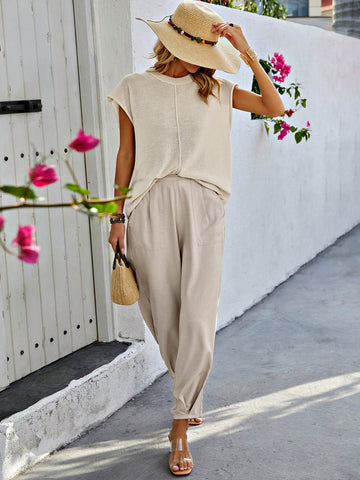 Women's Round Neck Batwing Sleeve Top And Pants Set