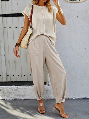 Women's Round Neck Batwing Sleeve Top And Pants Set