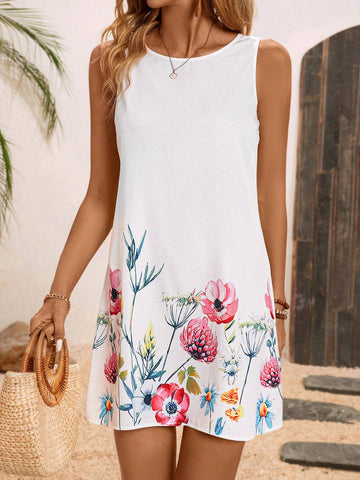 Women's Round Neck Floral Printed Short Dress