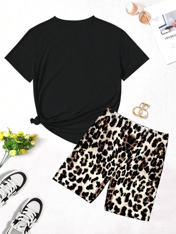 Women's Round Neck Letter Printed Short Sleeve T-Shirt And Leopard Print Shorts Summer Outfits, 2pcs/Set