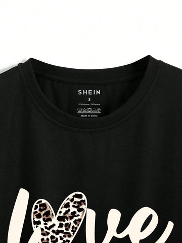 Women's Round Neck Letter Printed Short Sleeve T-Shirt And Leopard Print Shorts Summer Outfits, 2pcs/Set