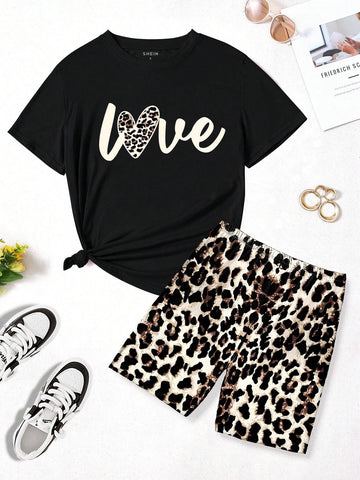 Women's Round Neck Letter Printed Short Sleeve T-Shirt And Leopard Print Shorts Summer Outfits, 2pcs/Set