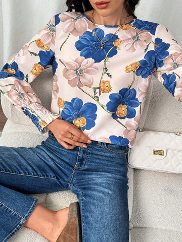 LUNE Women's Round Neck Long Sleeve Floral All Over Print Casual Top