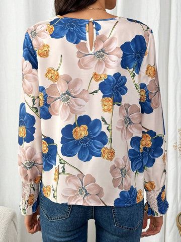 LUNE Women's Round Neck Long Sleeve Floral All Over Print Casual Top