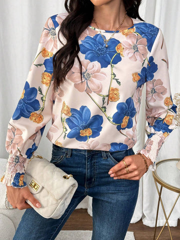 LUNE Women's Round Neck Long Sleeve Floral All Over Print Casual Top