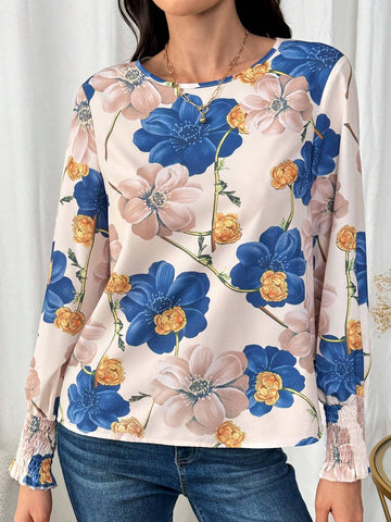 LUNE Women's Round Neck Long Sleeve Floral All Over Print Casual Top