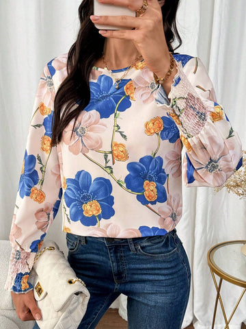 LUNE Women's Round Neck Long Sleeve Floral All Over Print Casual Top