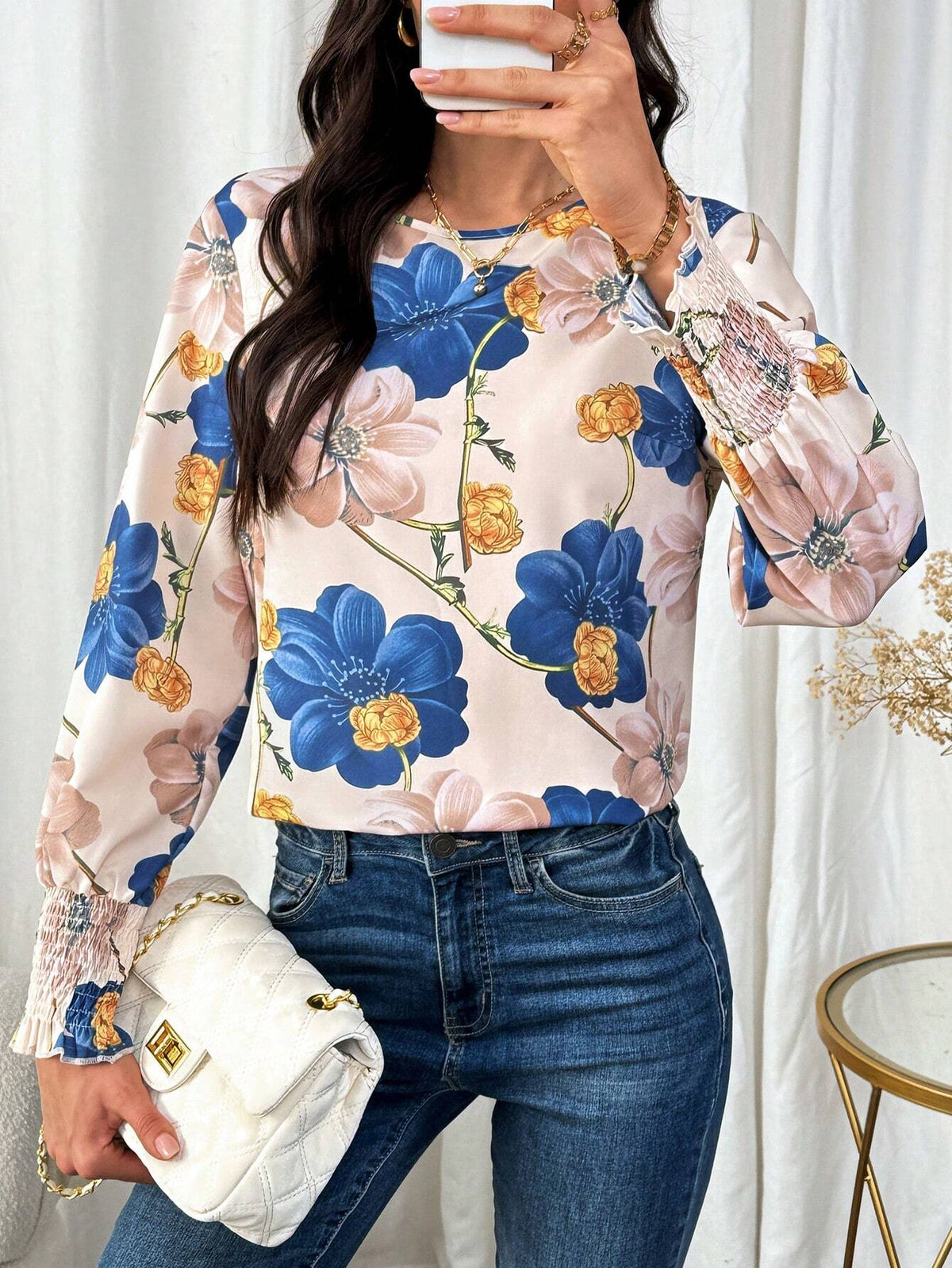 LUNE Women's Round Neck Long Sleeve Floral All Over Print Casual Top