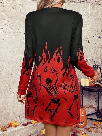 Women's Round Neck Long Sleeve Skull Print Fitted Elegant Dress