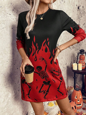 Women's Round Neck Long Sleeve Skull Print Fitted Elegant Dress